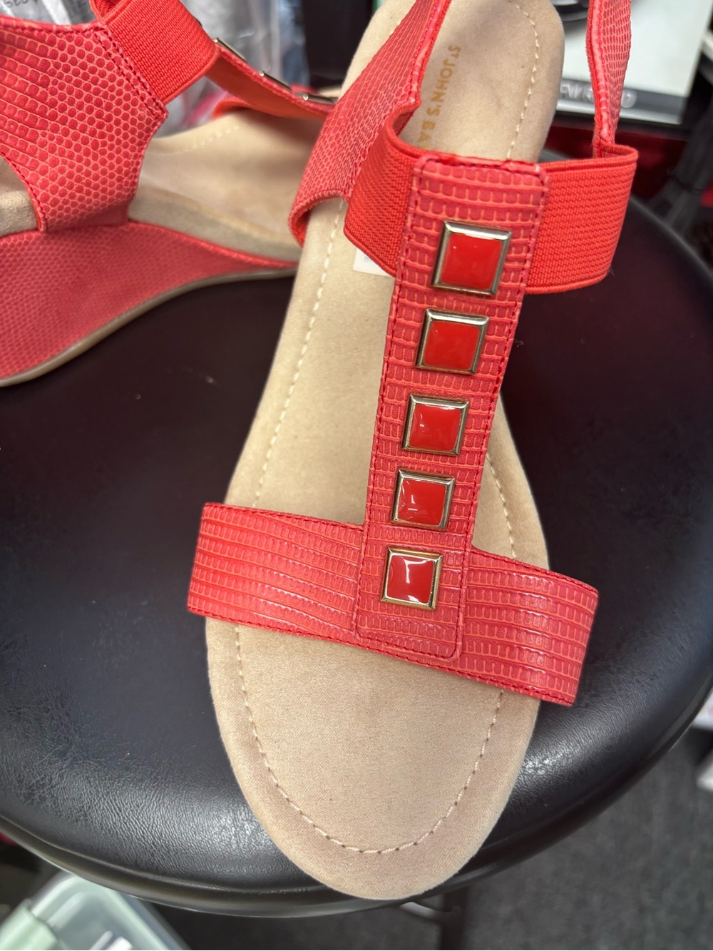 St. John's Bay Red T-strap Sandals with Gold Square Accents